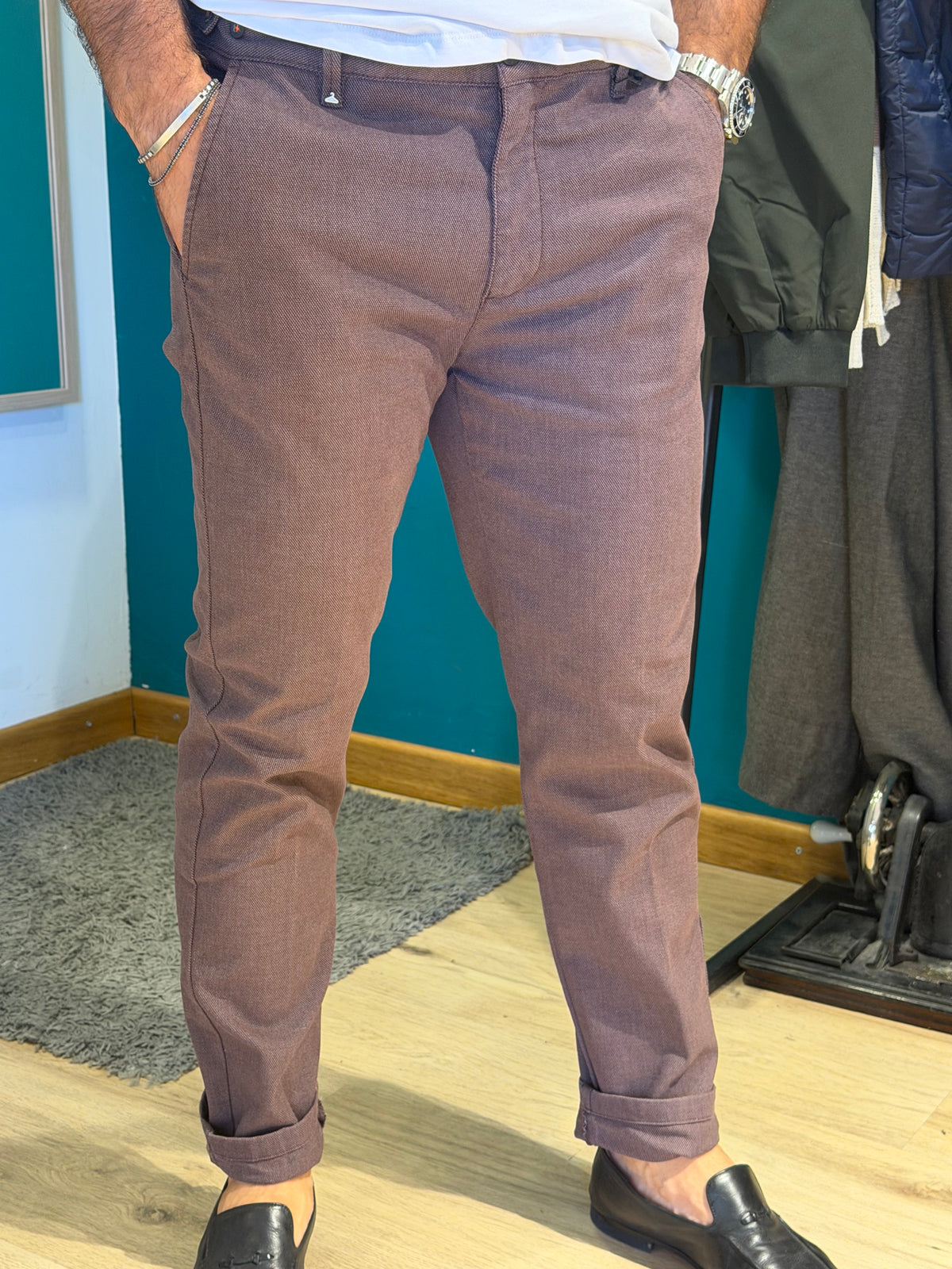 Pantalone chino slim in cotone bordeaux melange