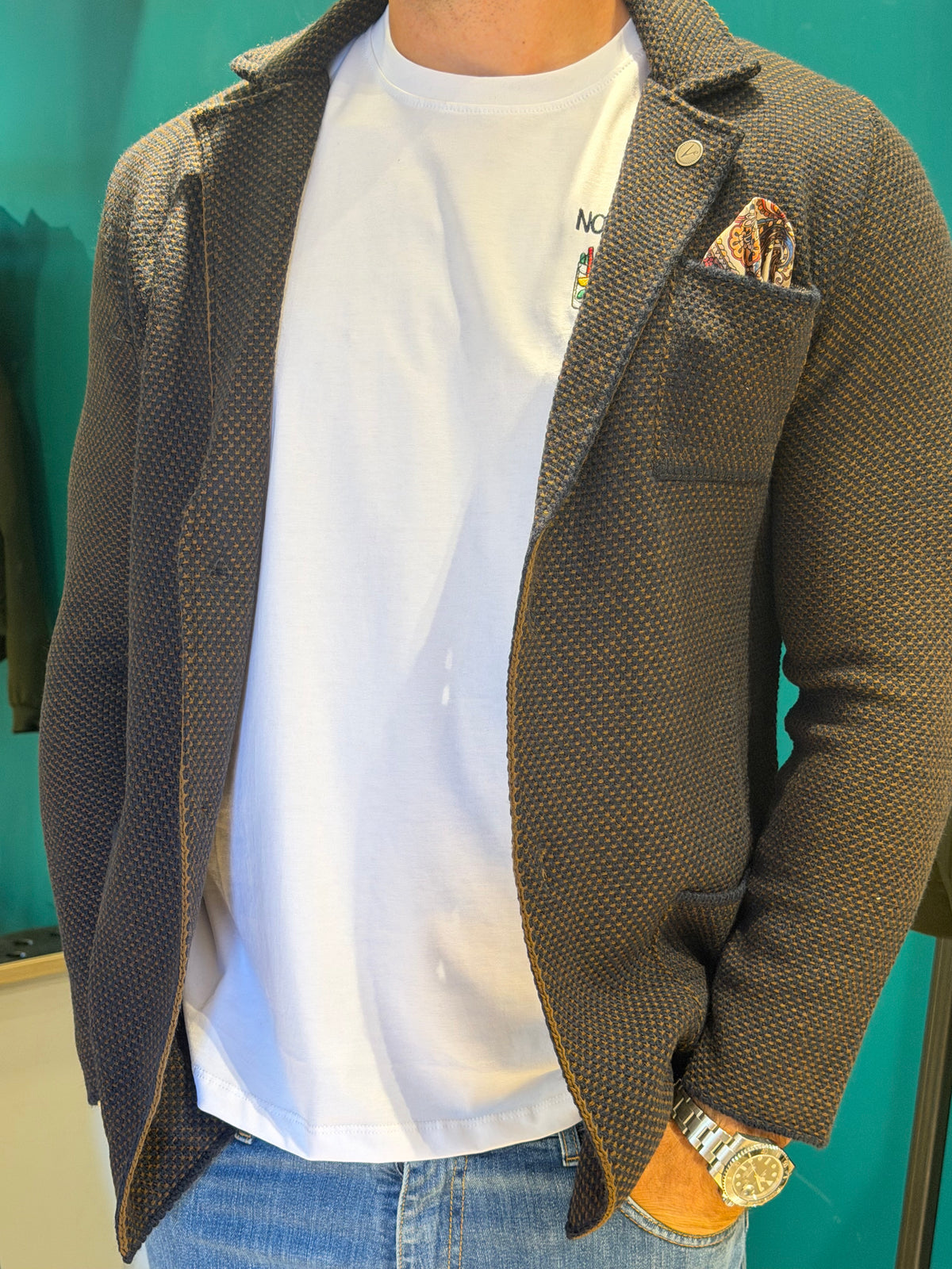 Giacca uomo in maglia bicolore blu e cammello