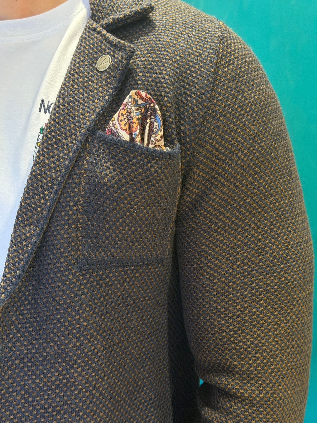 Giacca uomo in maglia bicolore blu e cammello