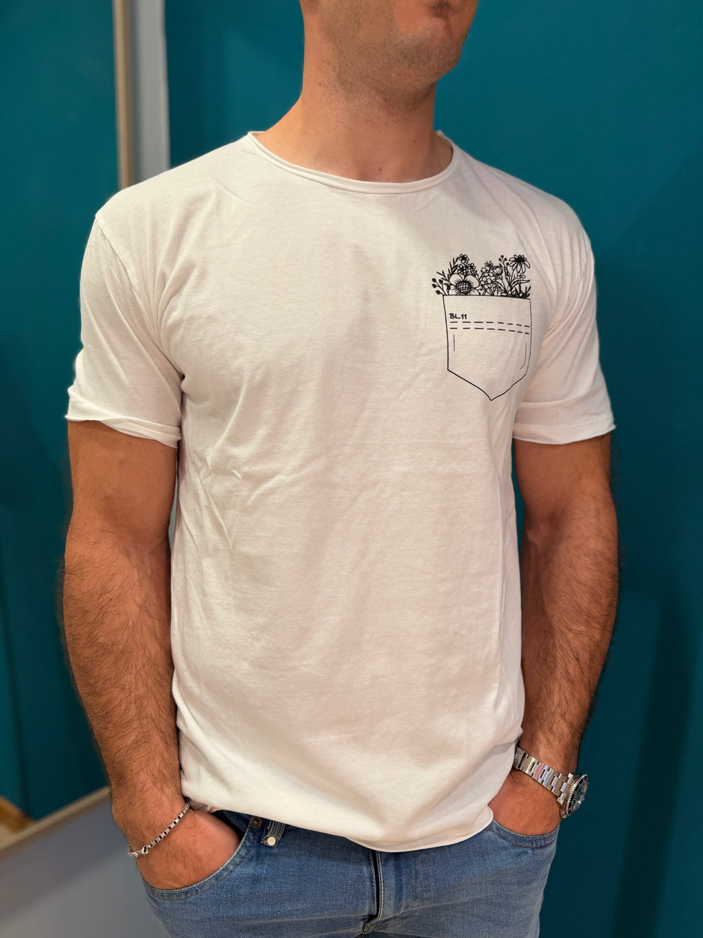T-shirt Pocket Fiori Panna BL11