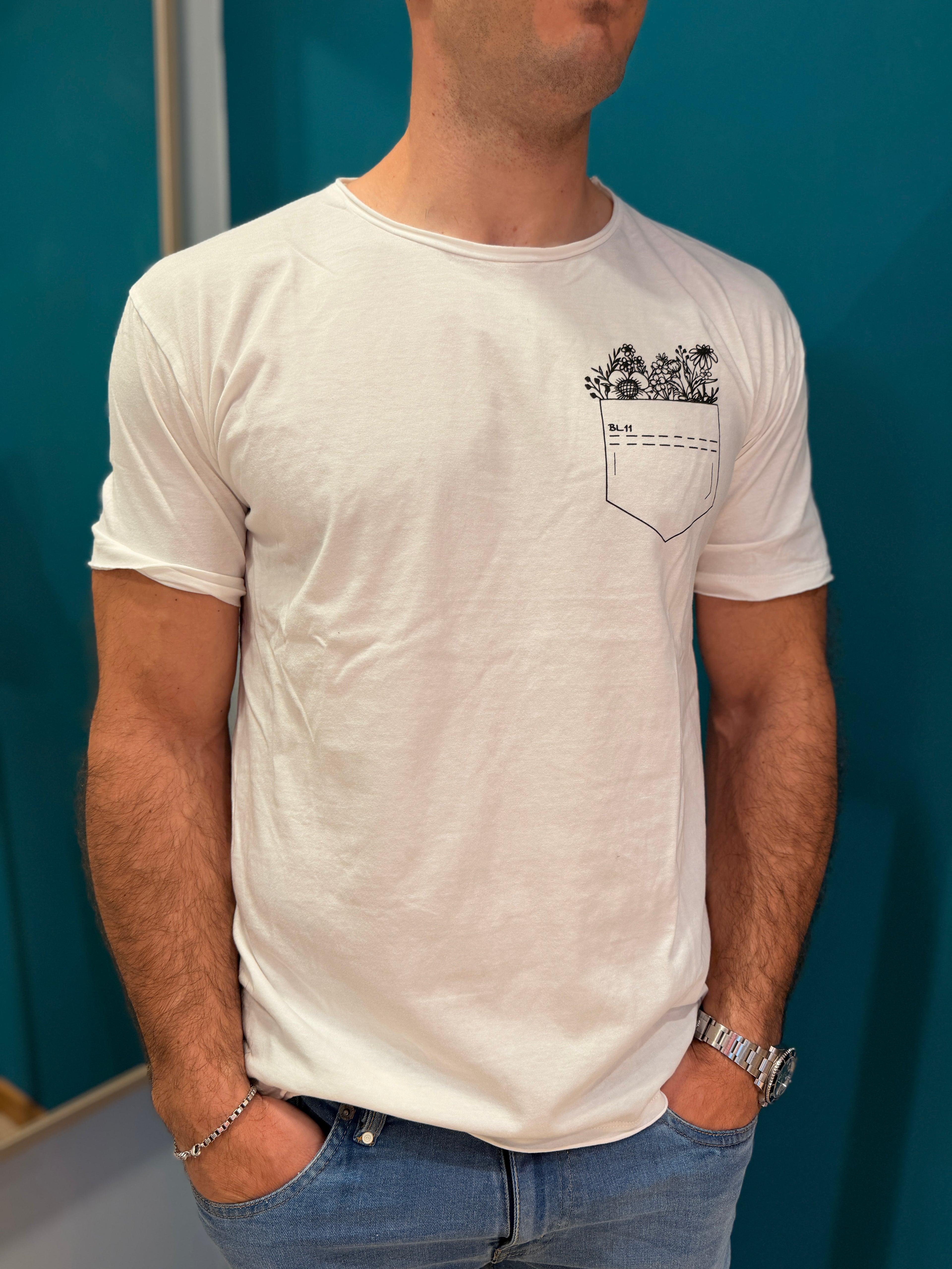 T-shirt Pocket Fiori Panna BL11