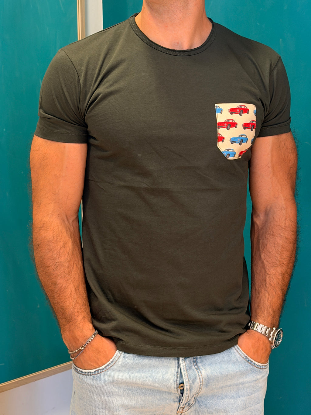 T-shirt Pocket Auto Vintage Verde Militare v2