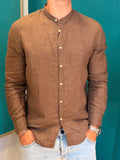 Camicia Lino Tabacco Collo Coreano