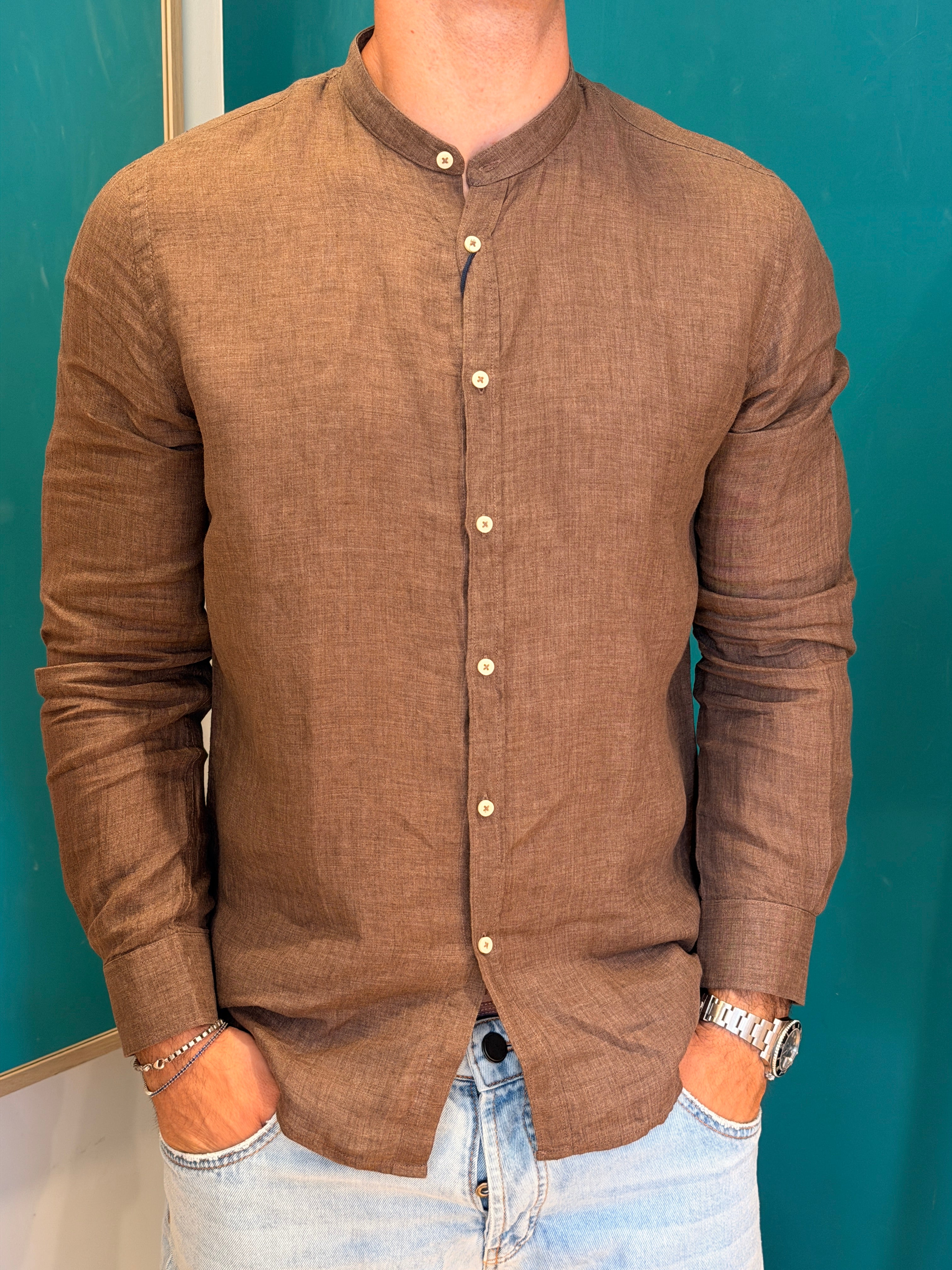 Camicia Lino Tabacco Collo Coreano