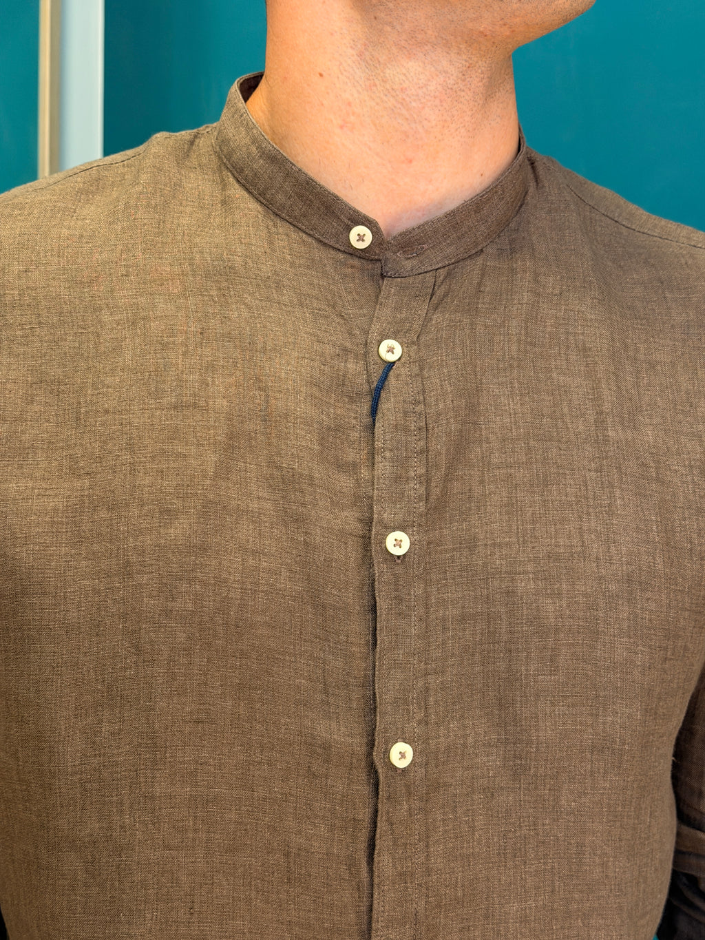 Camicia Lino Tabacco Collo Coreano