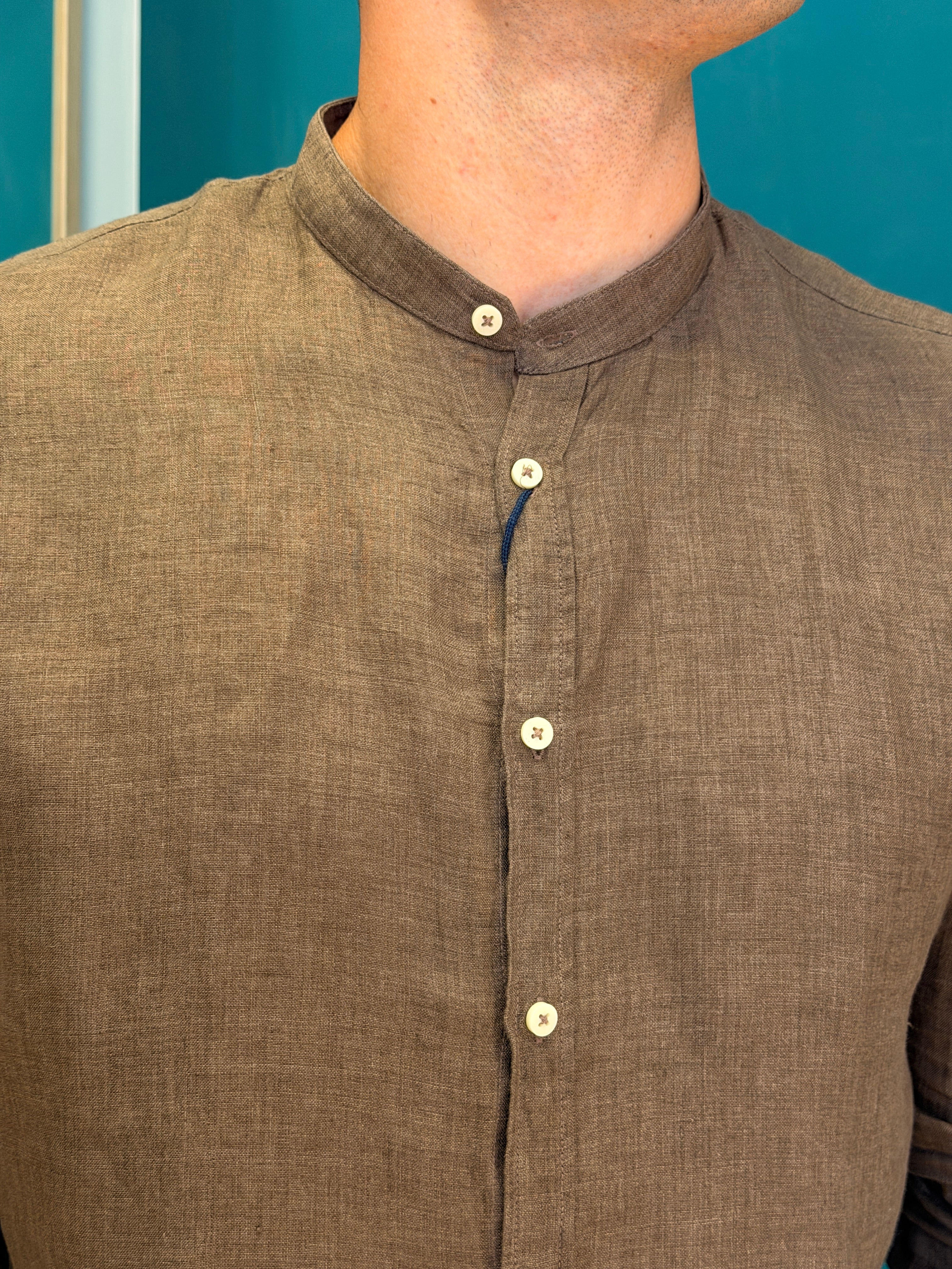 Camicia Lino Tabacco Collo Coreano