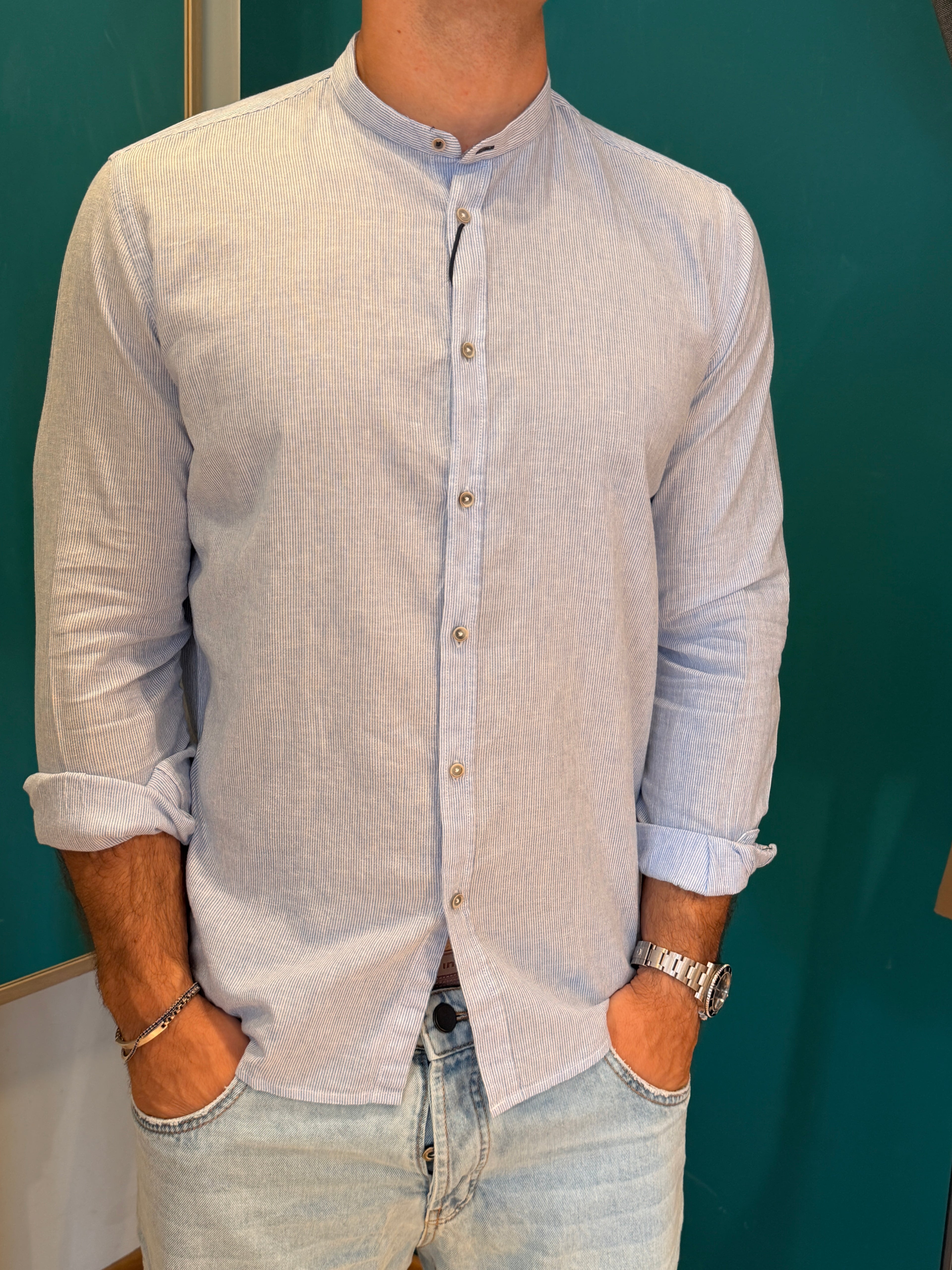 Camicia Micro-Riga Collo Coreano Azzurro