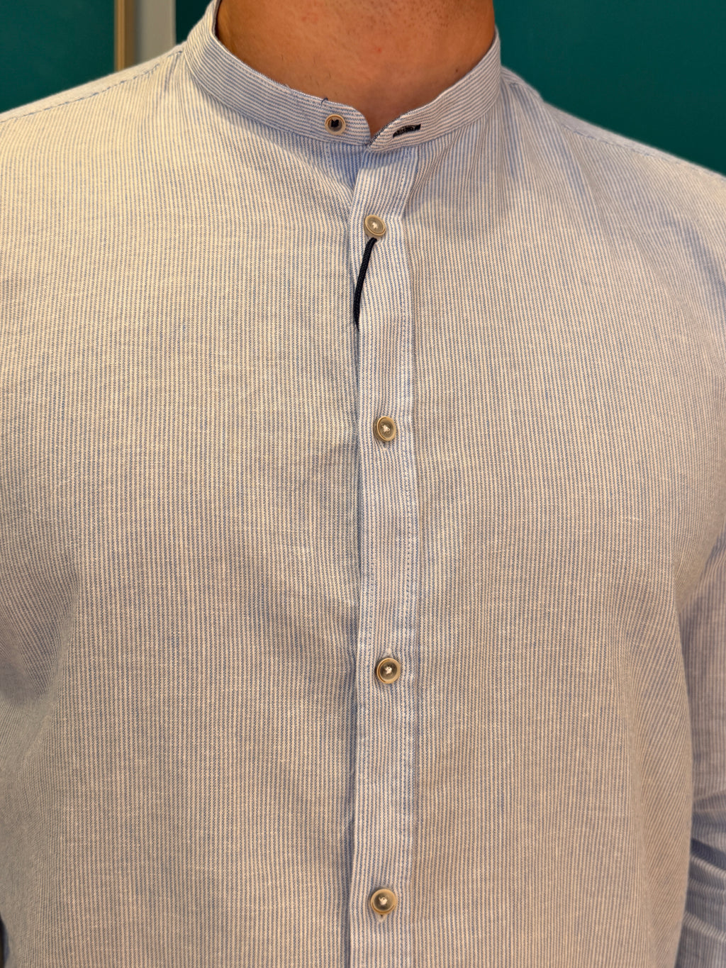Camicia Micro-Riga Collo Coreano Azzurro