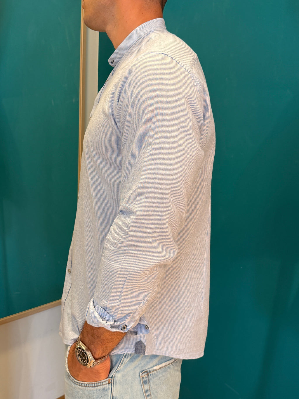 Camicia Micro-Riga Collo Coreano Azzurro
