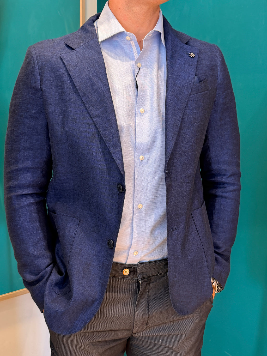 Blazer in lino blu medio