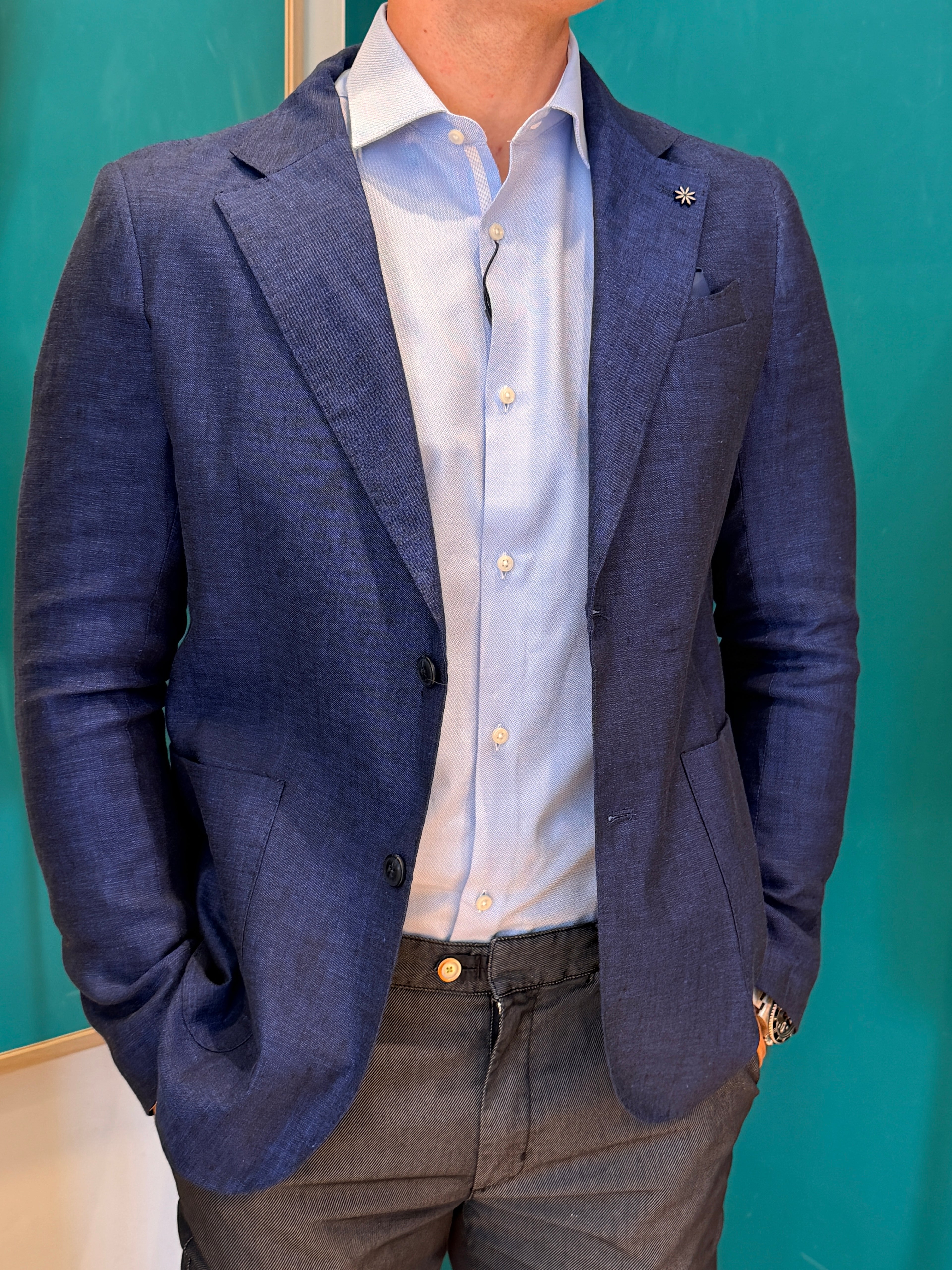 Blazer in lino blu medio