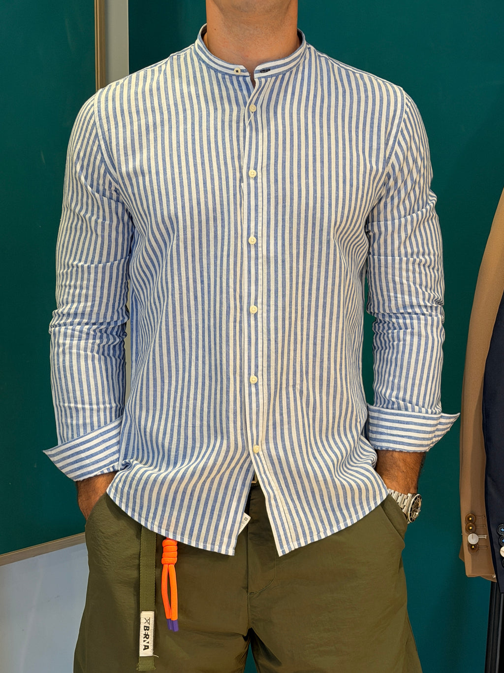 Camicia righe misto lino bianco e blu e medio