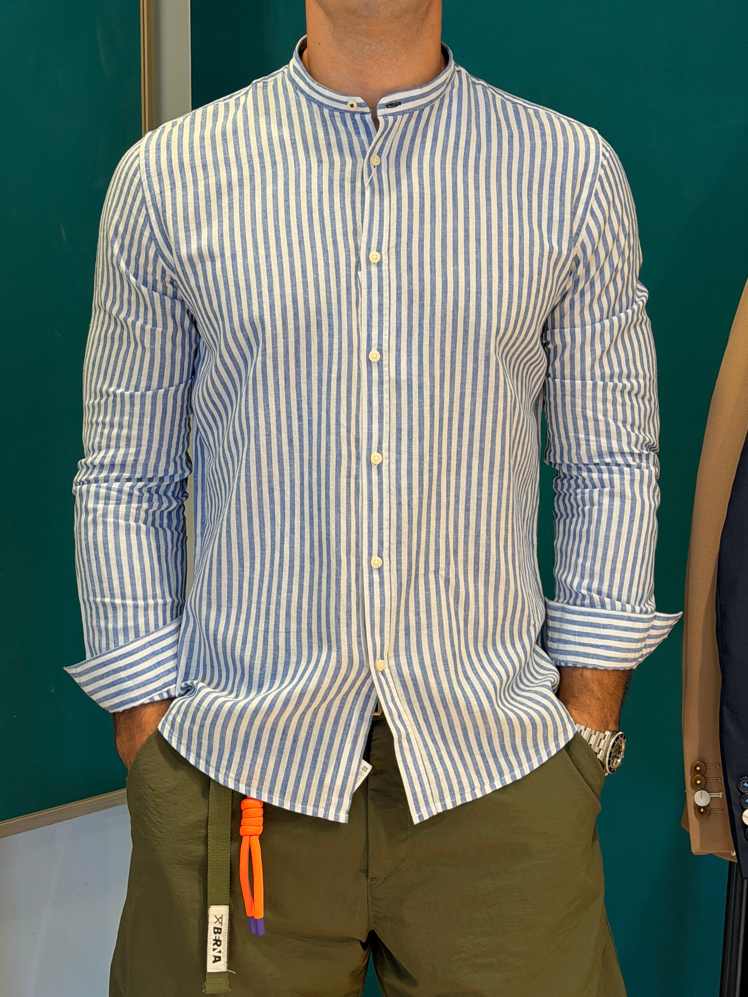 Camicia righe misto lino bianco e blu e medio