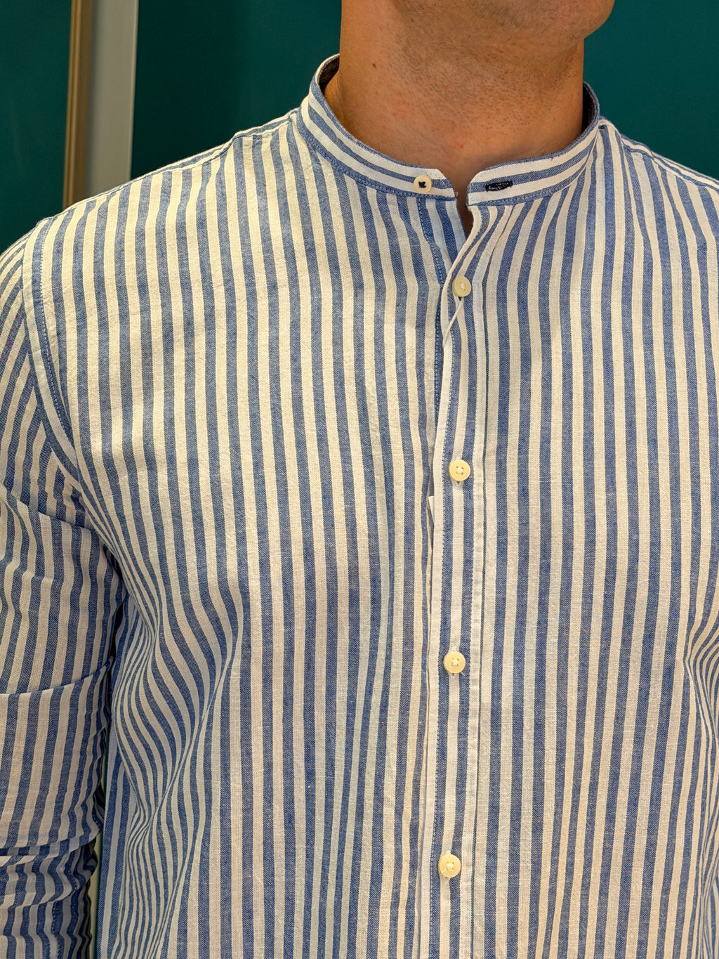 Camicia righe misto lino bianco e blu e medio