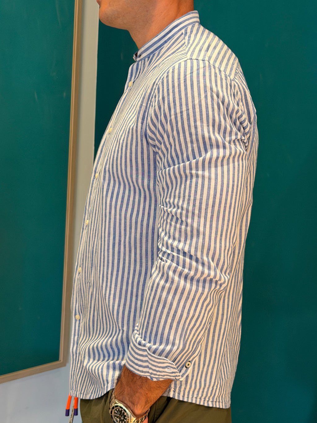 Camicia righe misto lino bianco e blu e medio