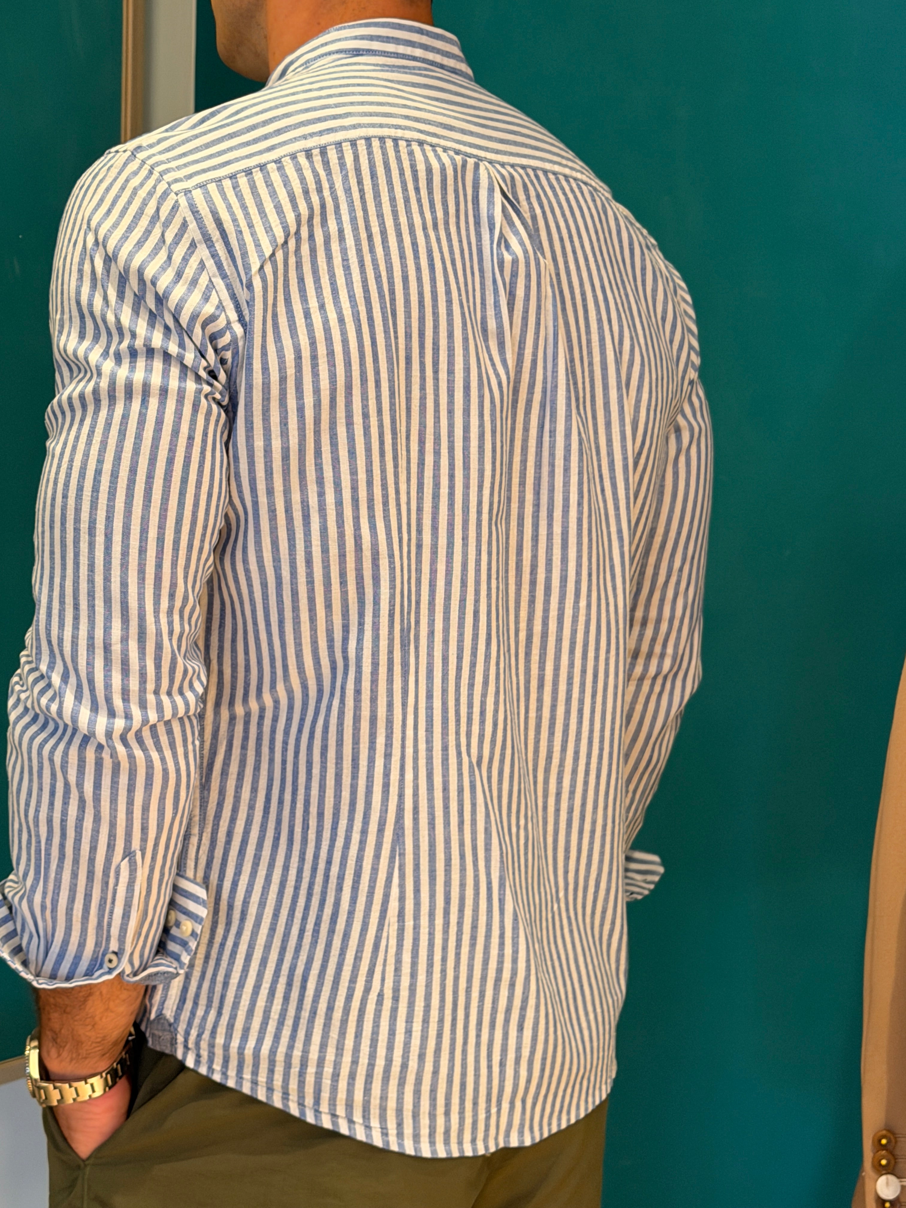 Camicia righe misto lino bianco e blu e medio