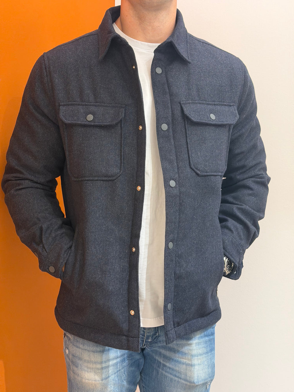 Overshirt in tessuto spigato blu notte