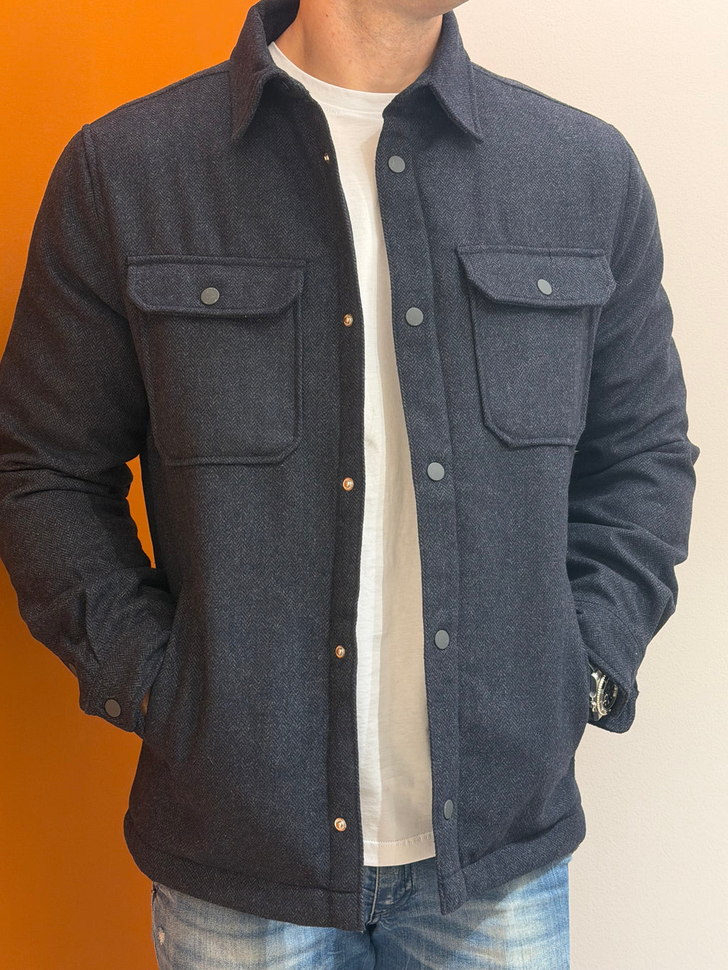 Overshirt in tessuto spigato blu notte
