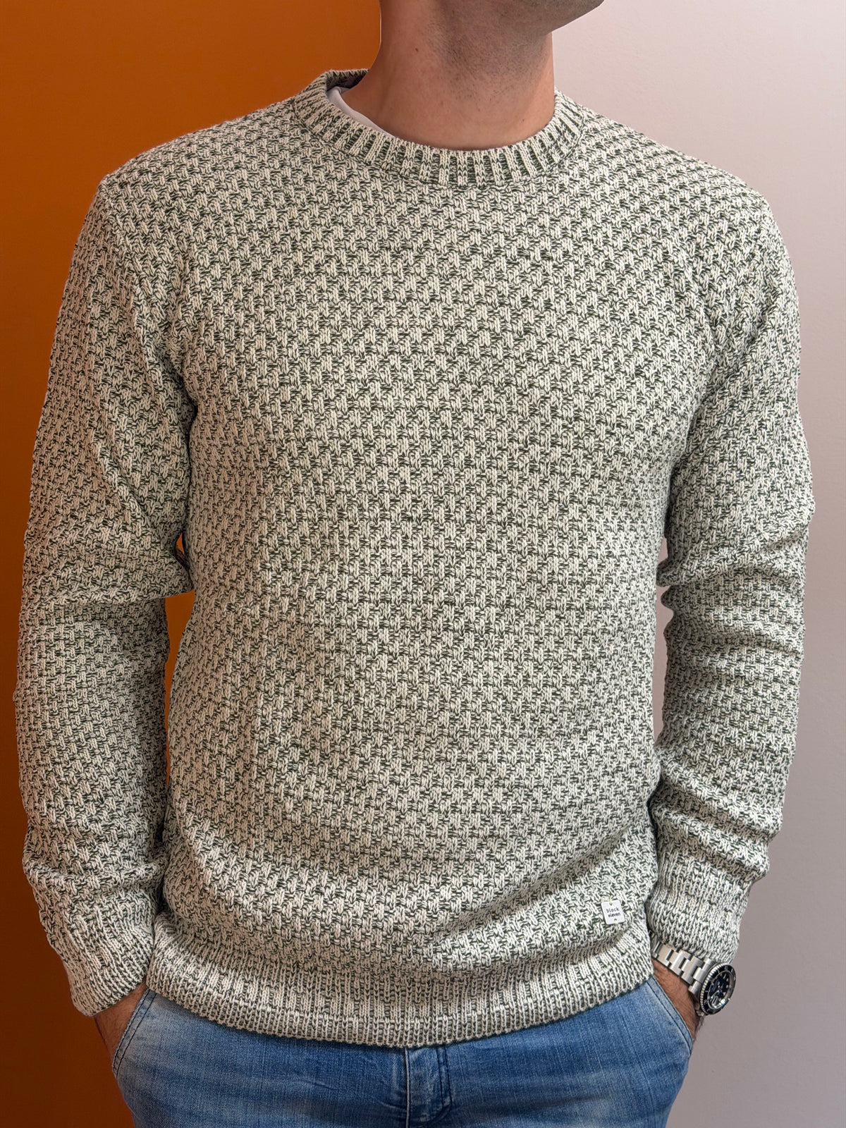 Maglione girocollo in maglia strutturata bianco e verde