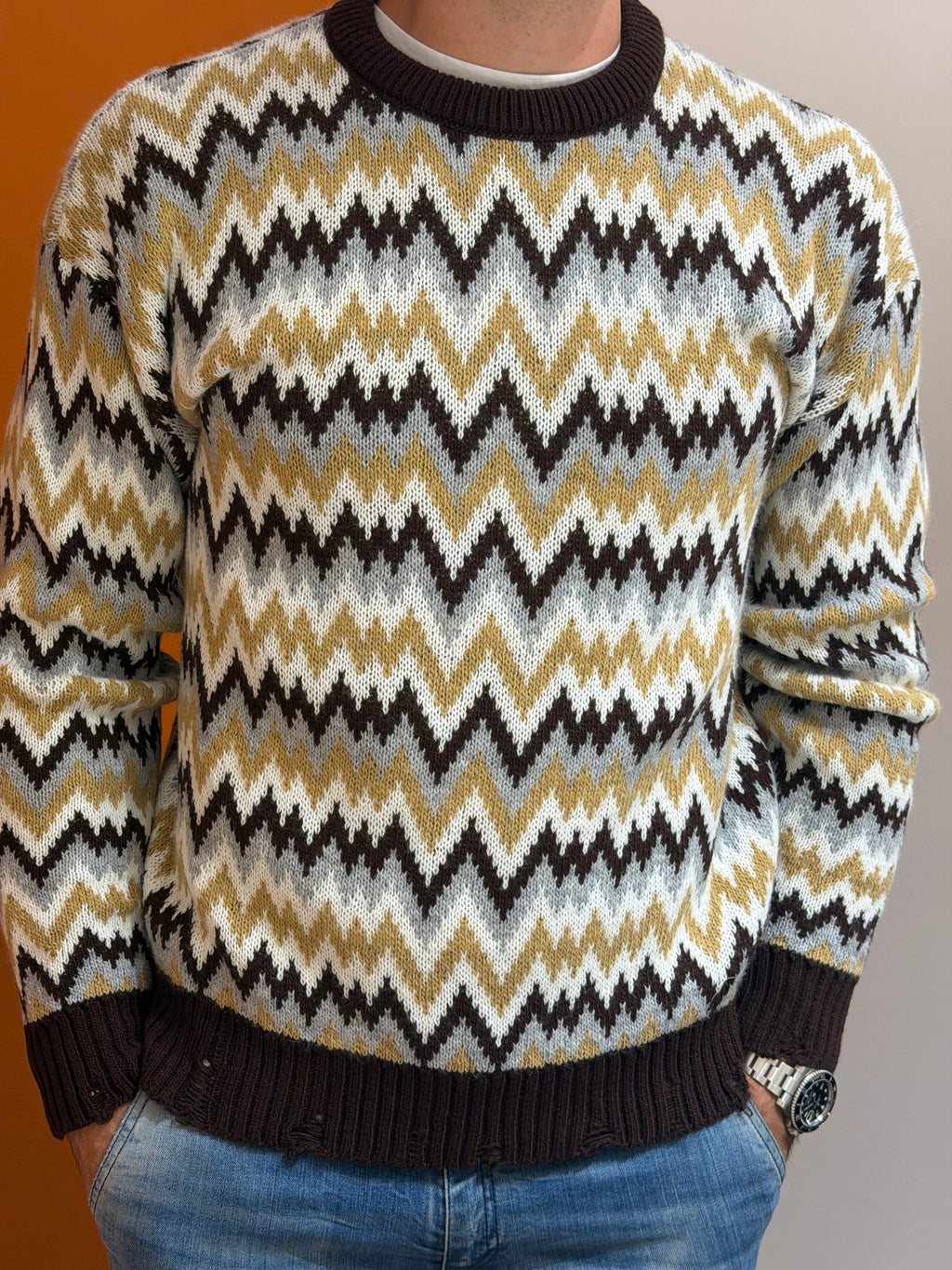Maglione girocollo a disegno zigzag multicolore