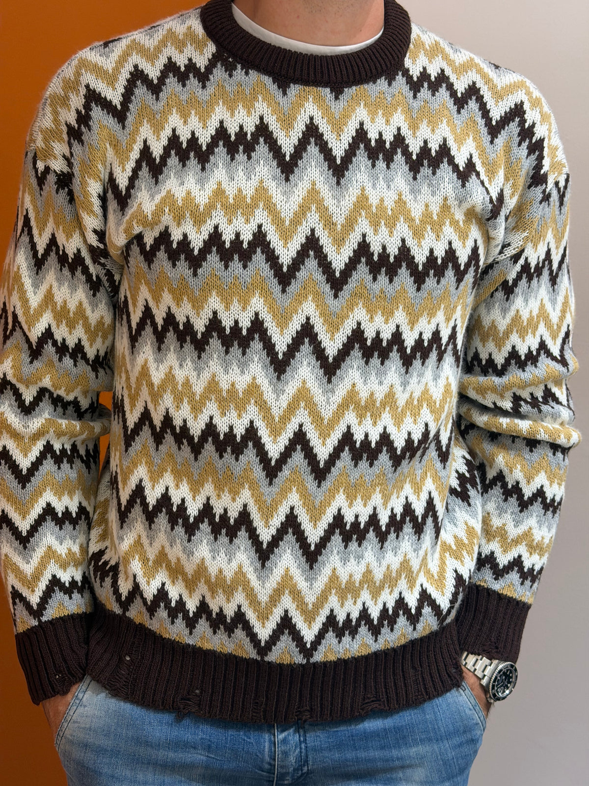 Maglione girocollo a disegno zigzag multicolore