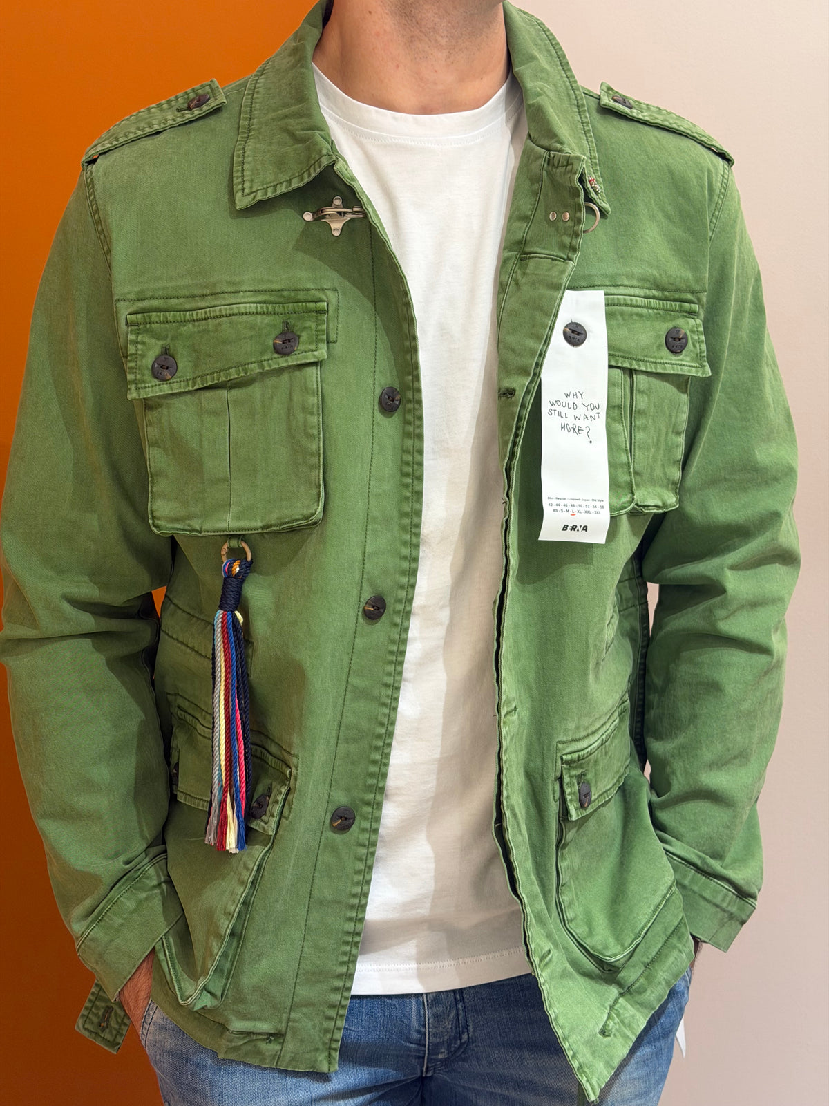 Giacca field jacket verde con nappa multicolore