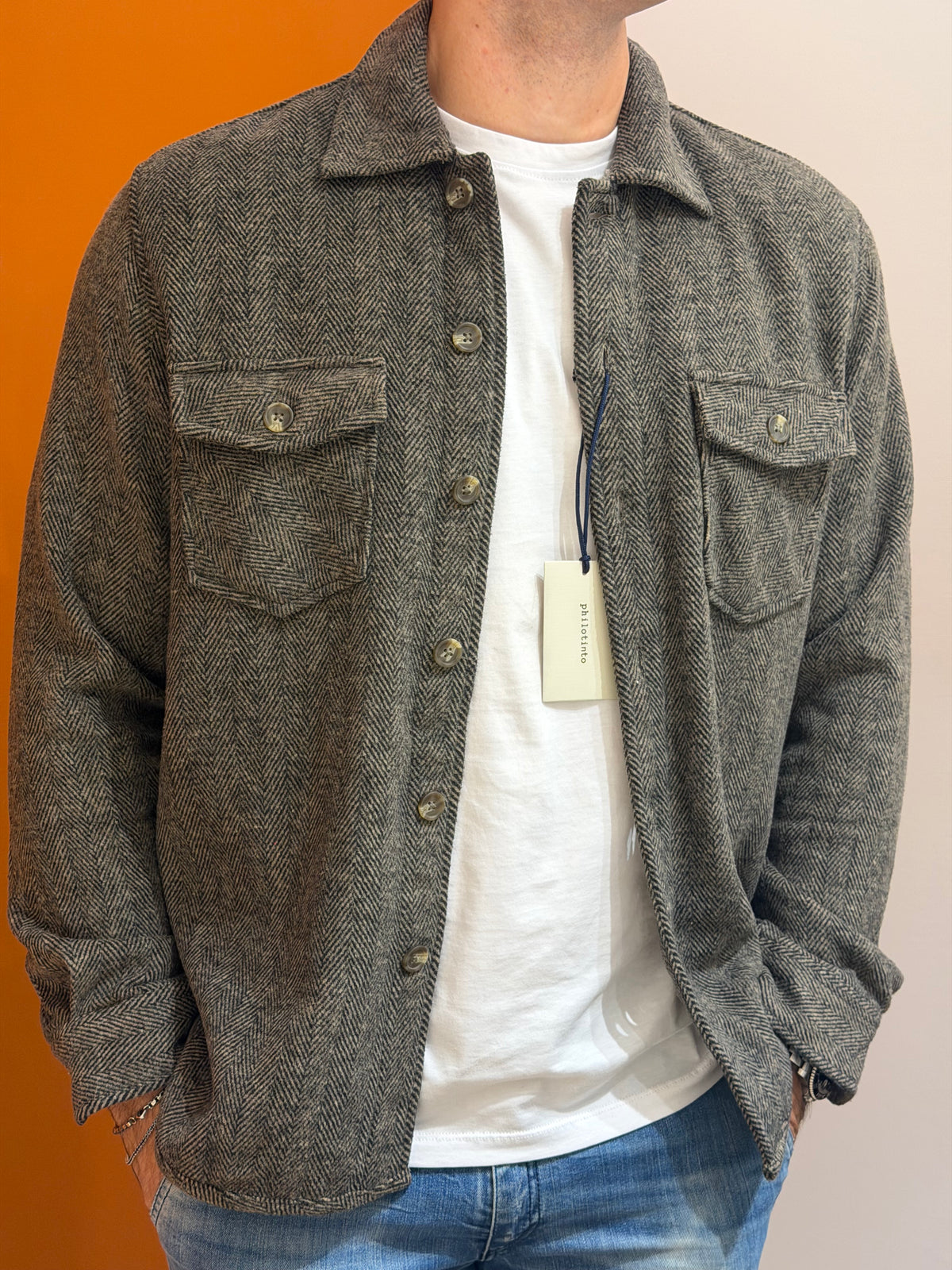 Overshirt in tessuto spigato grigio e tortora