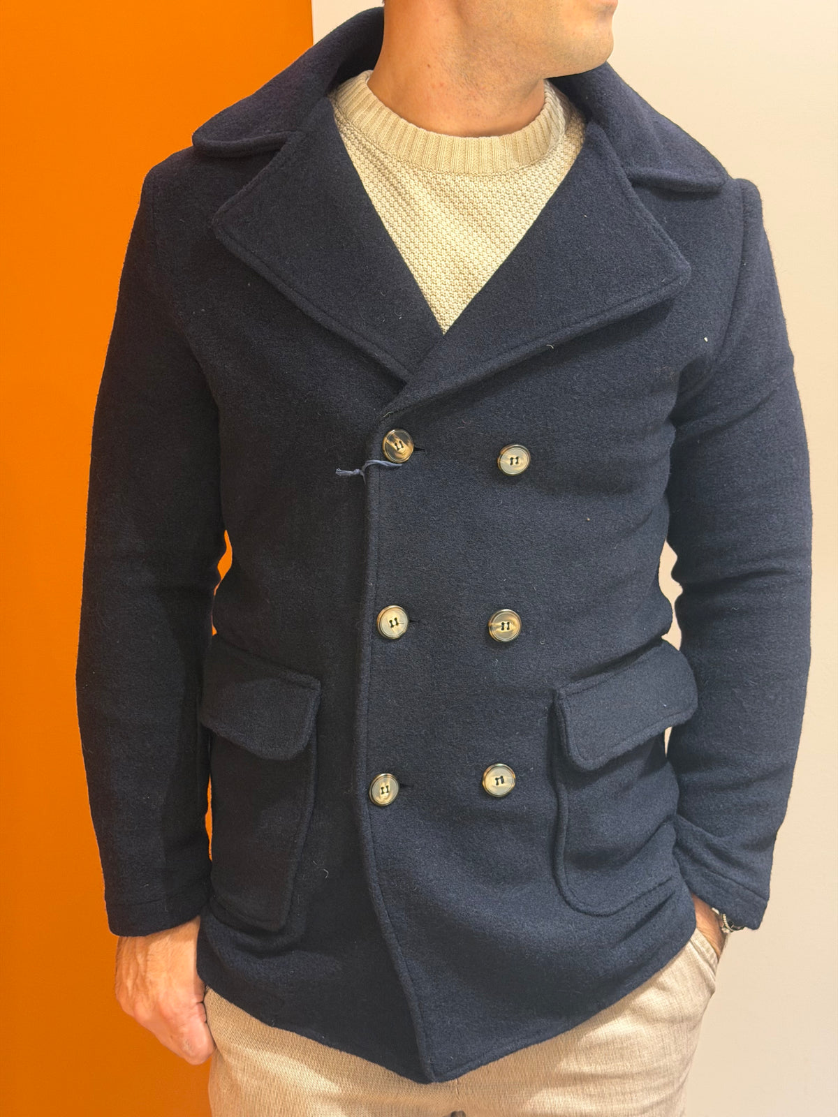 Caban doppiopetto blu navy in tessuto cotto