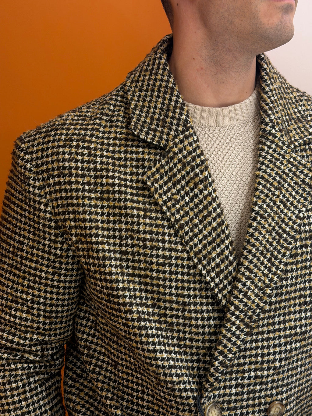 Cappotto doppiopetto pied-de-poule nero, senape e panna