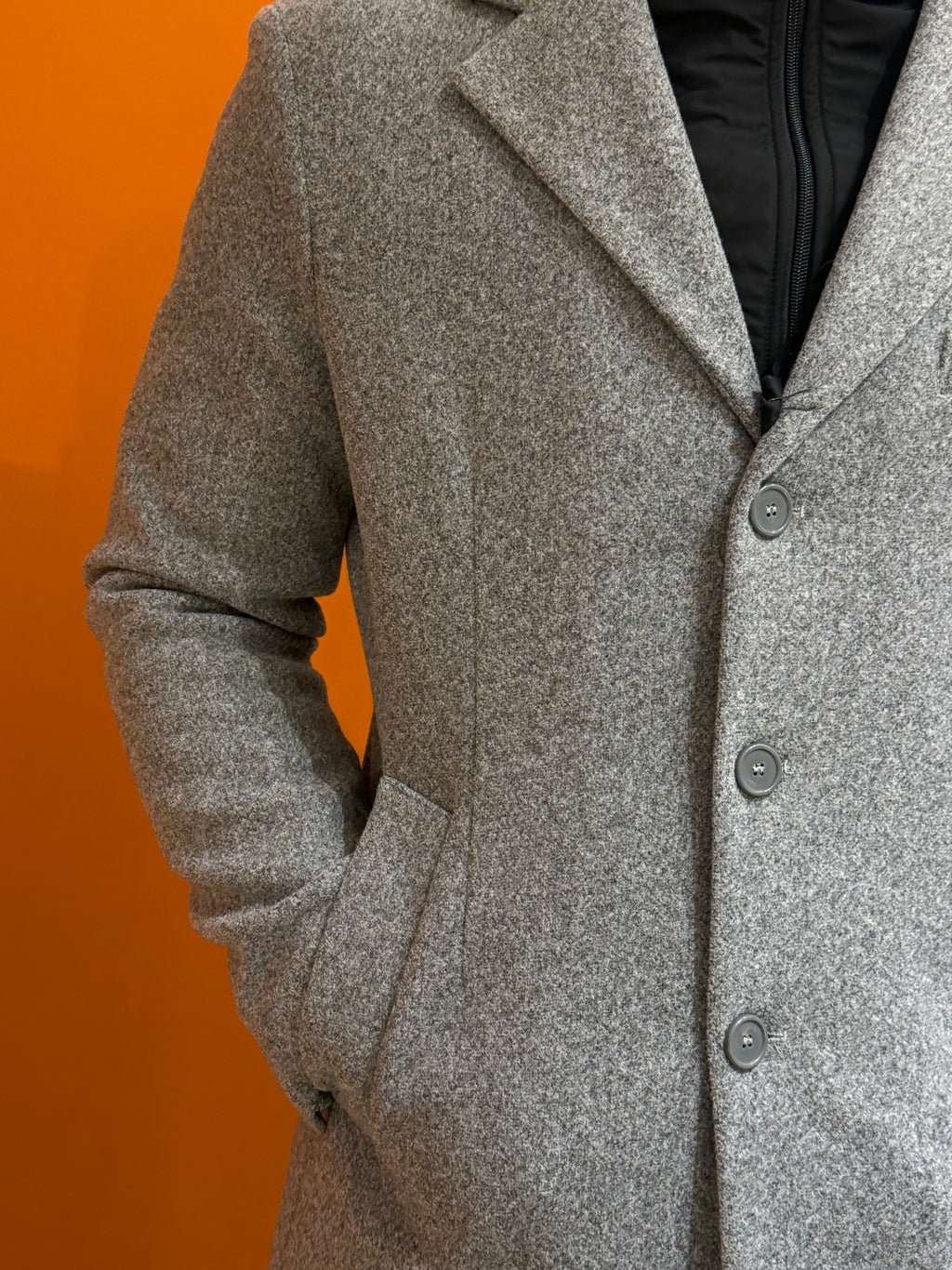Cappotto monopetto grigio melange con pettorina a zip